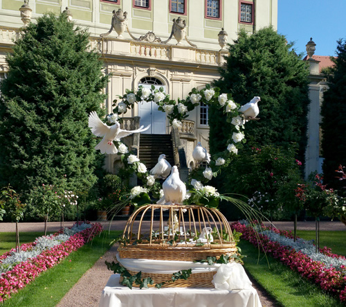 Foto mit unserem großen Rosenherz vor der Treppe vom Schloss Weesenstein